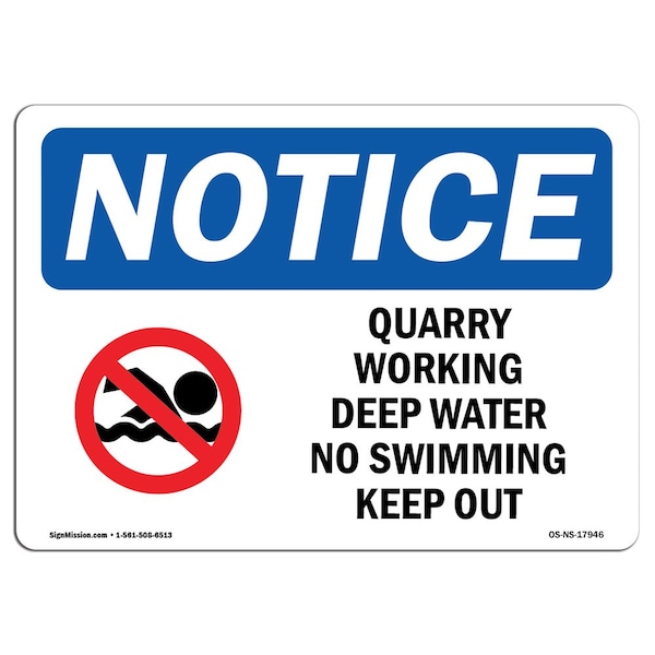 OSHA Notice Sign, 7" Height, Aluminum, Quarry Workings Deep Water No Sign With Symbol, Landscape